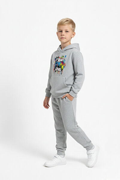 FYK KİDS 3 İplik K με κουκούλα Kangaroo Cepli Kalın Ş επένδυση fleece Θέμα παιχνιδιού B με τύπωμα Σετ αθλητικής φόρμας για αγόρια