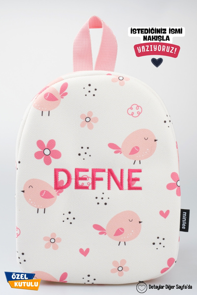 Minilee Pembe Kuşlar – Kuş Desenli Anaokulu Kreş Çocuk Çantası Kişiye Özel Na...