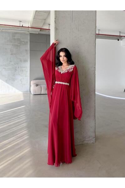 Serica Moda Red Stone Embroidered Tulle Cape Evening Dress