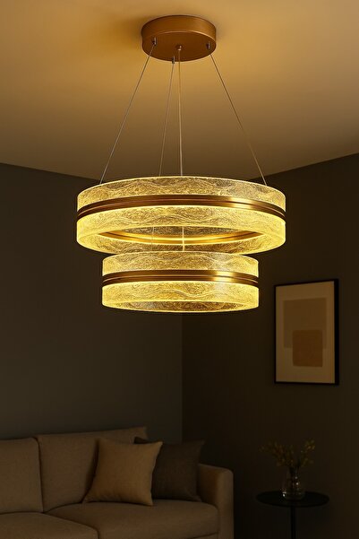 ÖZÇELİKLER İki Halkalı Lüks Kristal Görünümlü Akrilik Gold LED Avize Beyaz Sarı Günışığı Modern Tavan Aydınlat