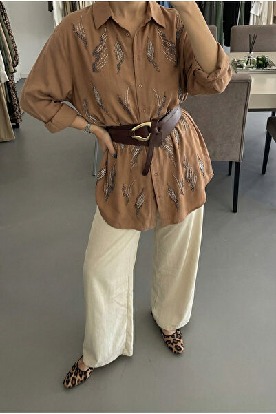 FEMELLE Caramel Oversized Shirt with Bead Embroidery (Compatible with Sizes up to 48)