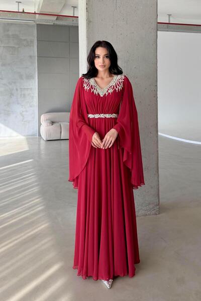 Serica Moda Red Stone Embroidered Tulle Cape Evening Dress