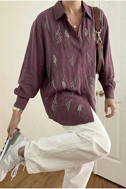 FEMELLE Plum Oversized Shirt with Bead Embroidery (Compatible with Size 48 and Below)