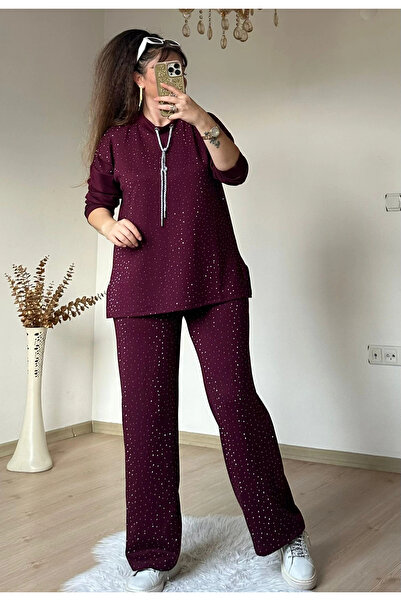 AZRA BUTİK Glittery String Lace Stone Set Burgundy