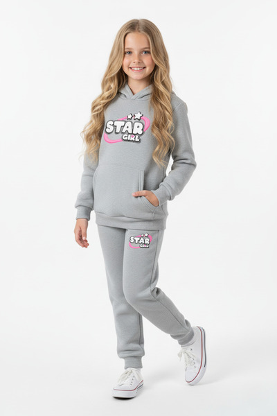 FYK KİDS 3 İplik K Hooded Ş Fleece-Lined Winter Girl Star Print Detailed Kangaroo Pocket Girls' Tracksuit Set