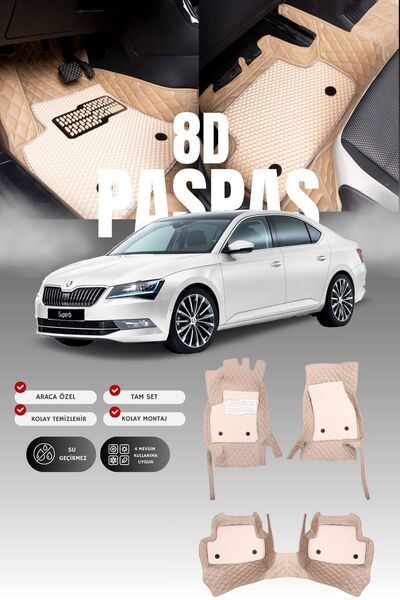 stiloto Skoda Super-B (2015-2019) 8D Deri Havuzlu Oto Paspas | Tam Koruma,Ara...