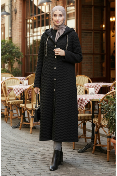 sefamerve Παλτό με ρίγες και καπιτονέ με λεπτομέρεια αλυσίδας 0217-02 Μαύρο