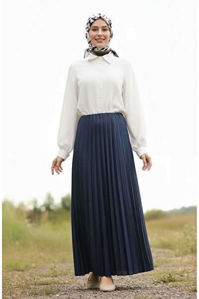 sefamerve Φούστα με ελαστική μέση πλισέ 0213-03 Navy Blue