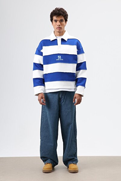 VAMOSCLO Oversized Striped Printed Sweatshirt Ecru