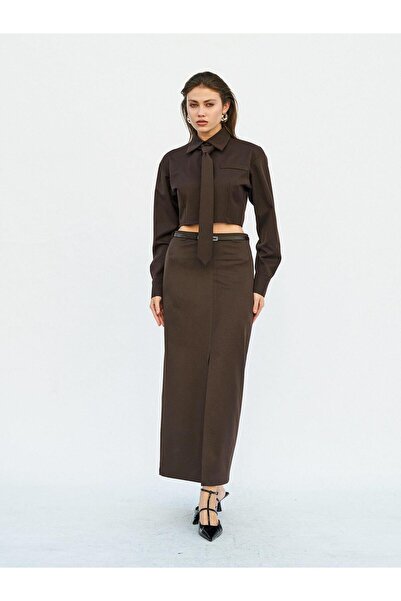 Coral Uzun Kollu Crop Gömlek 080717 Kahve