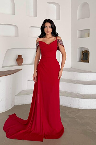 Serica Moda Red String Strap Shoulder Stone Detailed Y Slit Evening Dress