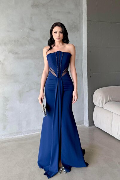 Serica Moda Navy Blue Strapless Transparent Waist Detailed Stoned Slit Evenin...