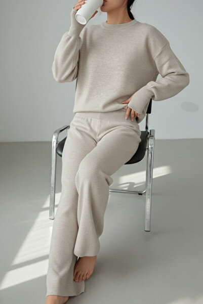 NEWCO Finger-Through Acrylic Textured Oversized Knitwear Two-Piece Set Wide-Leg Pants