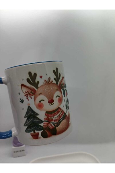 CUPPERA Mavi Kış Geyiği, Sevimli Yılbaşılı Seramik Kupa
