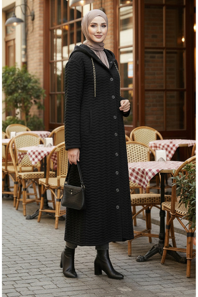 sefamerve Παλτό με ρίγες και καπιτονέ με λεπτομέρεια αλυσίδας 0217-02 Μαύρο