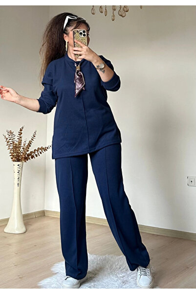 AZRA BUTİK Collar Shawl Detailed Suit Navy Blue