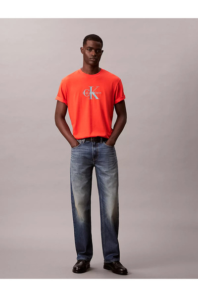 Calvin Klein Men's Regular Fit Round Neck Ck Logo Printed Cotton Short Sleeve Orange T-Shirt Lv04Rb862G-6Wd
