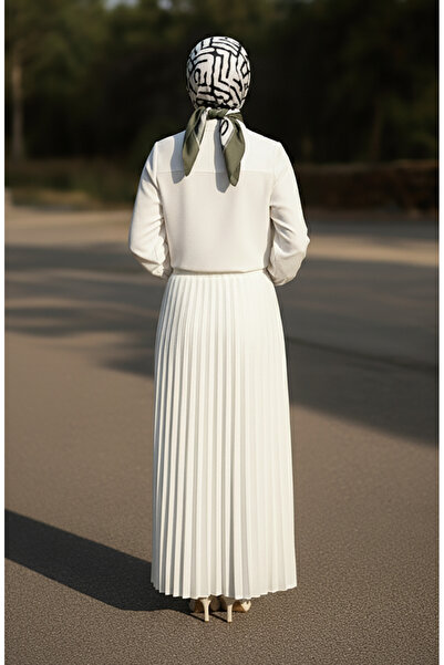 sefamerve Elastic Waist Pleated Skirt 0213-02 White