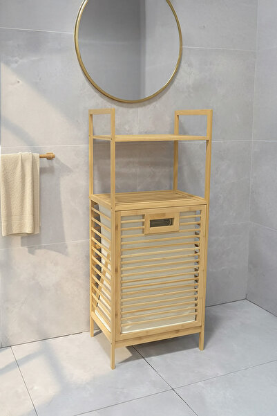 Digithome Bambu ECO-LITE BASIC Kirli Sepetli 2 Raflı Banyo Düzenleyici Çamaşır Sepeti DB-0031