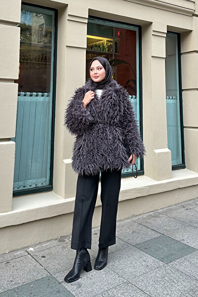 LOCCO Women's Belt Detail Short Fur Coat Anthracite