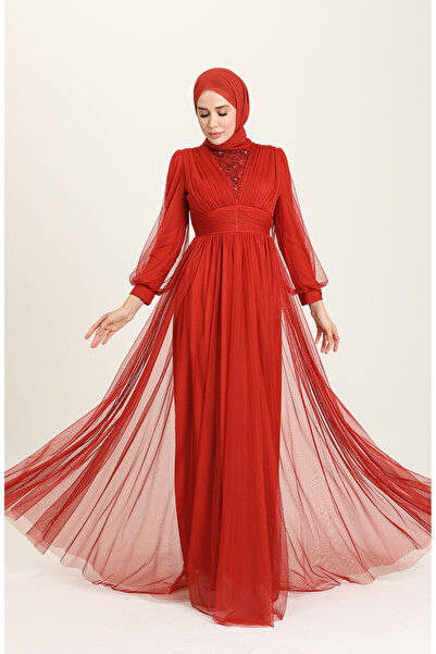 sefamerve Tulle and Applique Embroidered Hijab Evening Dress 3403-09 Tile