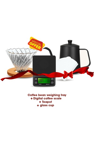Primo Plus A set including a coffee bean weighing tray, digital coffee scale, teapot glass cup