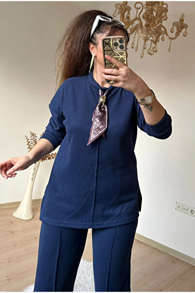 AZRA BUTİK Collar Shawl Detailed Suit Navy Blue