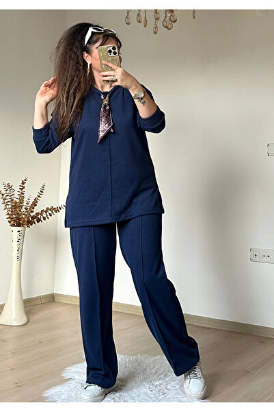 AZRA BUTİK Collar Shawl Detailed Suit Navy Blue