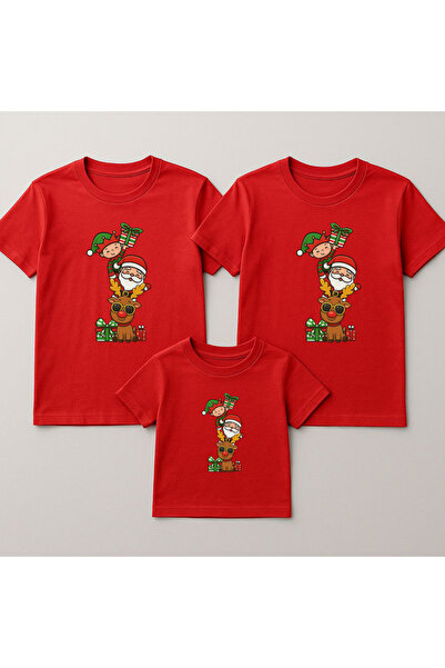 MODA Yeni Yıl Yılbaşı Noel Baba Christmas Baskılı Anne Baba Çocuk Aile Tişört Kombin