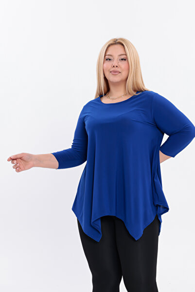 HELVEYS Asymmetrical Cut Flexible Stretch Fabric Long Sleeve Crew Neck Stylish Sandy Plus Size Blouse – 5012