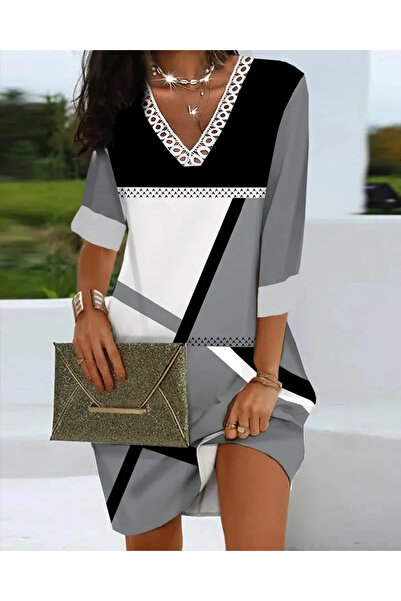 KentselBazaar Women's Fakir Sleeve V Lace Collar Geometric Print Diver Dress