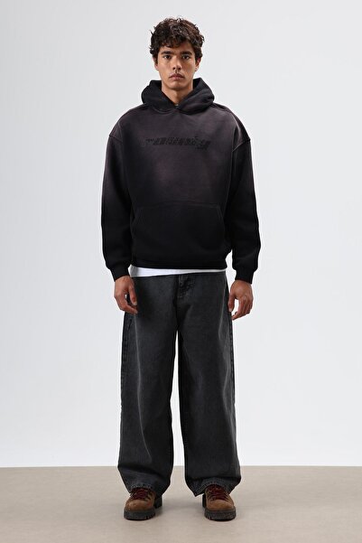 VAMOSCLO قصة فضفاضة مطبوع هوديي قابل للغسل باللون الأسود