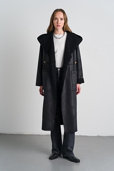 Nauve Prive Kapüşonlu Çift Taraflı Siyah Kaban