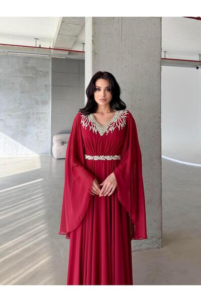 Serica Moda Red Stone Embroidered Tulle Cape Evening Dress