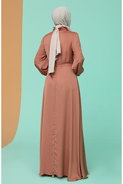 sefamerve Ruffled Modest Evening Dress 4873-03 Onion Peel