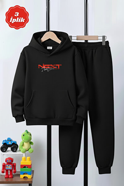 FYK KİDS Σετ αθλητικής φόρμας για αγόρια με 3 νήματα K με κουκούλα Kangaroo Pocket Winter Ş επένδυση fleece με λεπτομέρεια εκτύπωσης