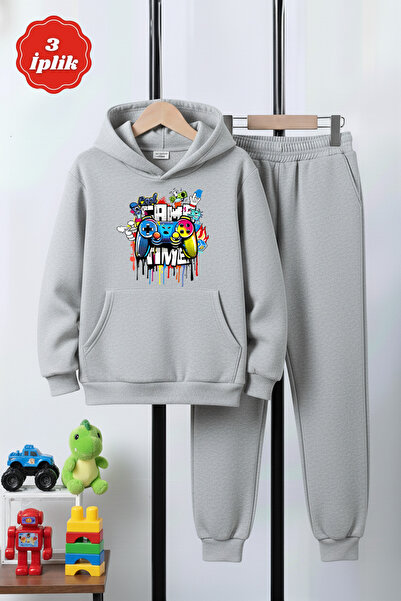 FYK KİDS 3 İplik K με κουκούλα Kangaroo Cepli Kalın Ş επένδυση fleece Θέμα παιχνιδιού B με τύπωμα Σετ αθλητικής φόρμας για αγόρια