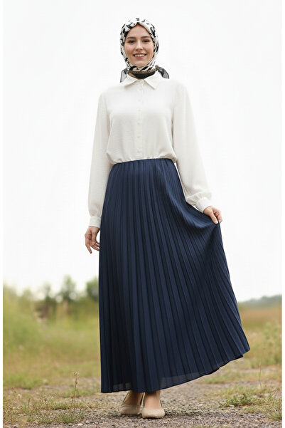 sefamerve Φούστα με ελαστική μέση πλισέ 0213-03 Navy Blue