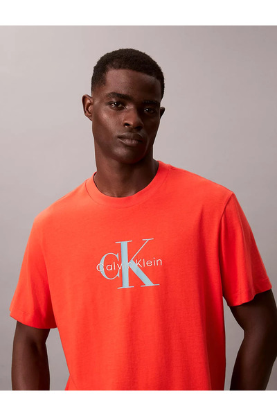 Calvin Klein Men's Regular Fit Round Neck Ck Logo Printed Cotton Short Sleeve Orange T-Shirt Lv04Rb862G-6Wd