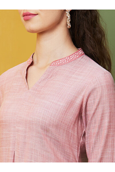 Globus By Styli Embroidered Mandarin Collar Flared Hem Tunic