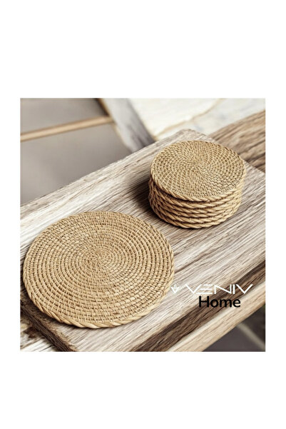 VENİV HOME 6 Pieces of Wicker Natural Coasters 10 cm - 1 Piece of Natural Coaster 20 cm