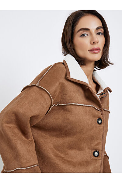 Styli Boxy Fit Suede Look Jacket with Fur Trim