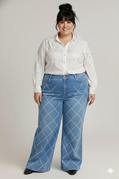 ELONİ Plus Size Jeans - High Waist Stretchy Wide Leg Diamond Pattern Stone Jeans