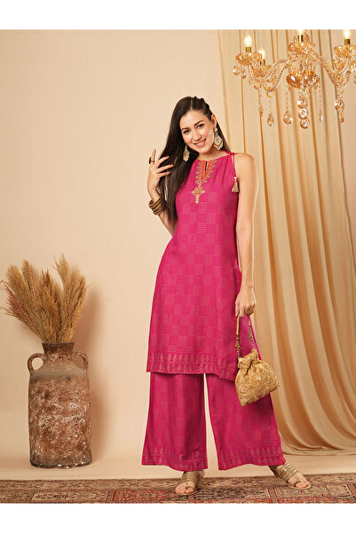 Globus By Styli Pink Tie-Up Keyhole Neck Embroidery Kurta with Palazzos Set
