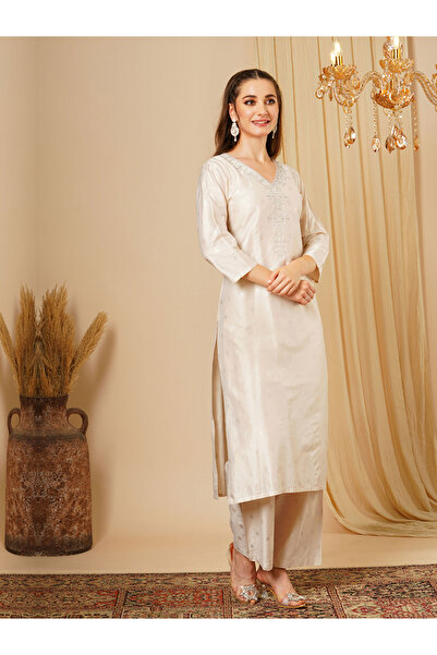 Globus By Styli Women Taupe Embroidered Sequined Kurta and Wide Leg Trouser Set