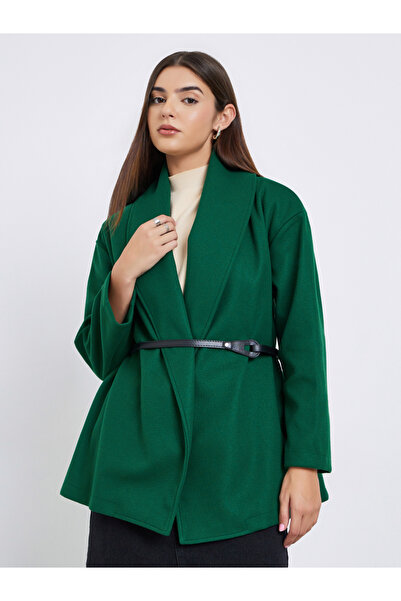 Take Two By Styli Dark Green Wool Like Belted Wrap Coat