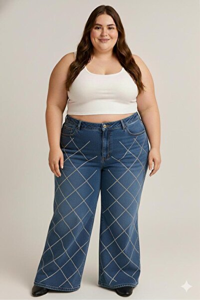 nd jeans Plus Size Jeans- Premium High Waist Wide Leg Diamond Pattern Stone Jeans