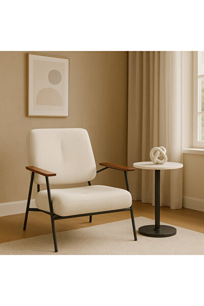 Ebticar Light Beige Fabric Armchair with Wooden Arms – Elegant and Stylish Look