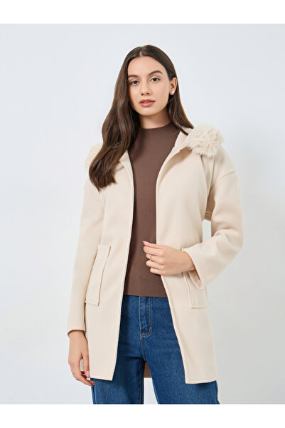 Take Two By Styli Faux Fur Hooded Coat with Tie Belt