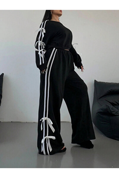 Take Two By Styli Side Striped Bow Detail Sweatshirt and Wide Pants Co-Ords
